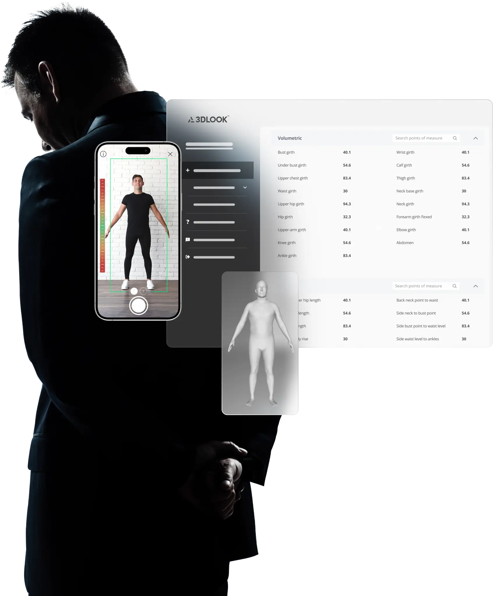 A man observing a smartphone running a redesigned body scanning app that displays 3D body measurements.