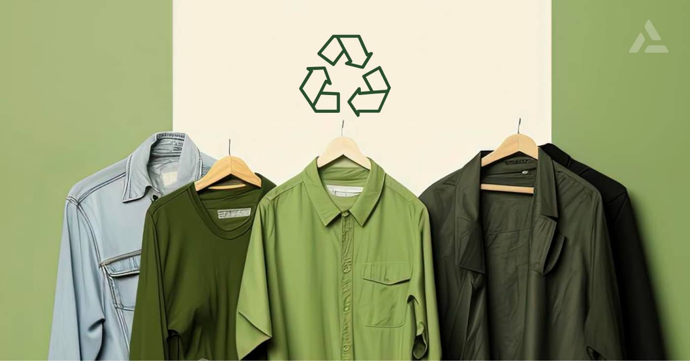 Four shirts on hangers against a two-tone background, with a recycling symbol above, symbolizing sustainable fashion manufacturing.