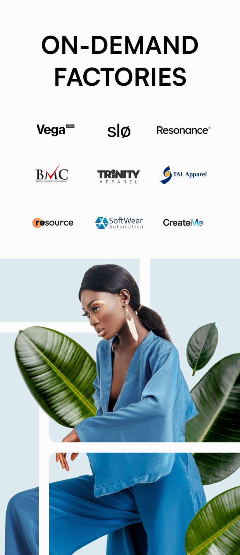 A promotional image featuring a black woman in a blue suit sitting among green leaves, showcasing logos of various tech companies like Vega, Slitio, and others related to the on-demand fashion industry displayed above