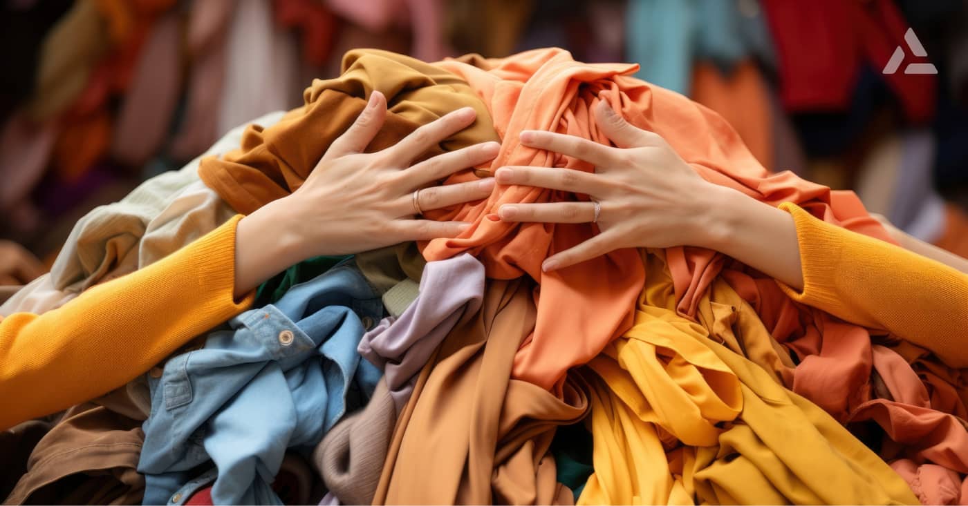 Hands pressing down on a large, colorful pile of sustainable fashion clothing.