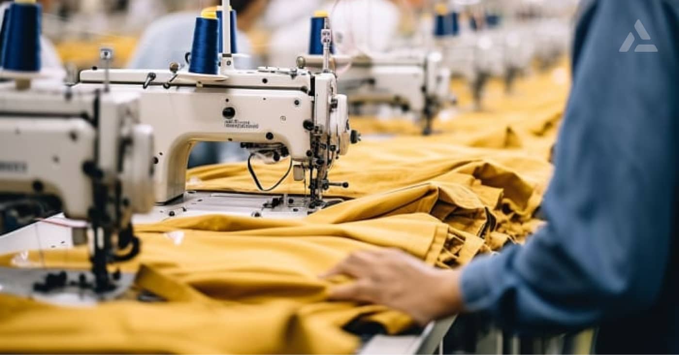 Person working on a yellow fabric with sewing machines in a sustainable fashion textile factory.