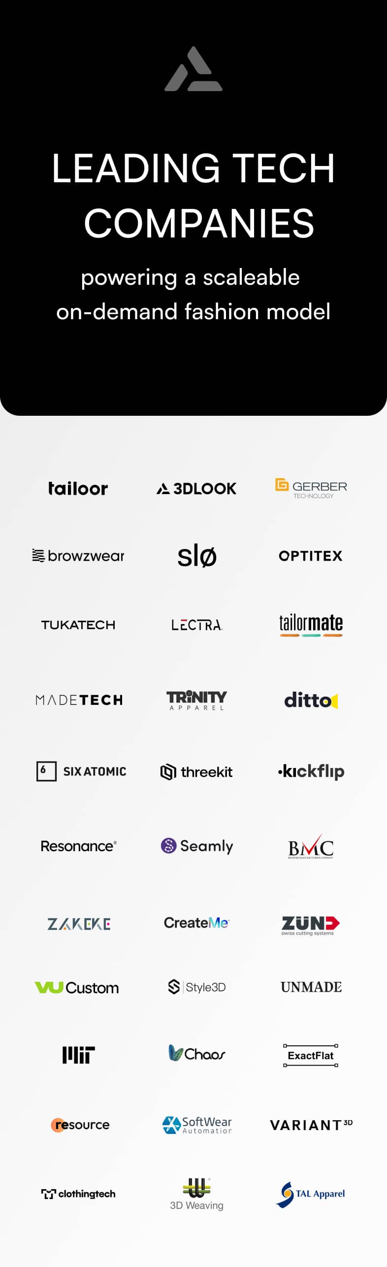 A showcase of logos from leading tech companies shaping the 2024 on-demand fashion landscape, including taillor, 3DLOOK, GEFERTEC, browzwear, and others.