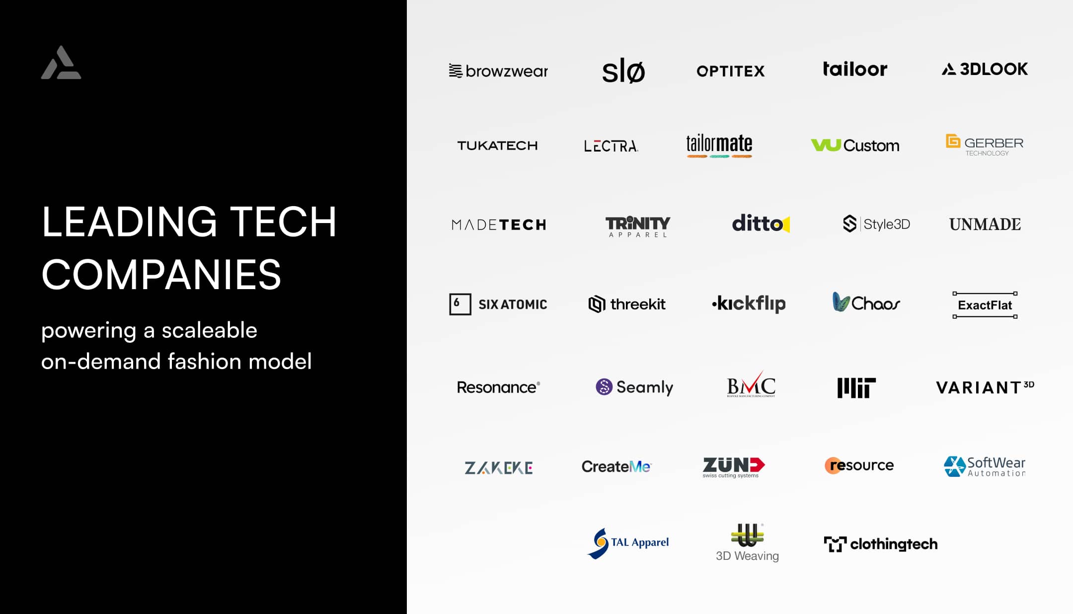 Logos of various tech companies, including browzwear, Tukatech, Lectra, and Shima Seiki, presented on a white background with the heading "Leading Tech Companies in Industry Tech 2024" on the left.
