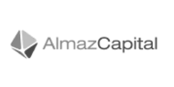 About Us: Grayscale logo of Almaz Capital featuring a stylized cube next to the company name in modern, sans-serif font.