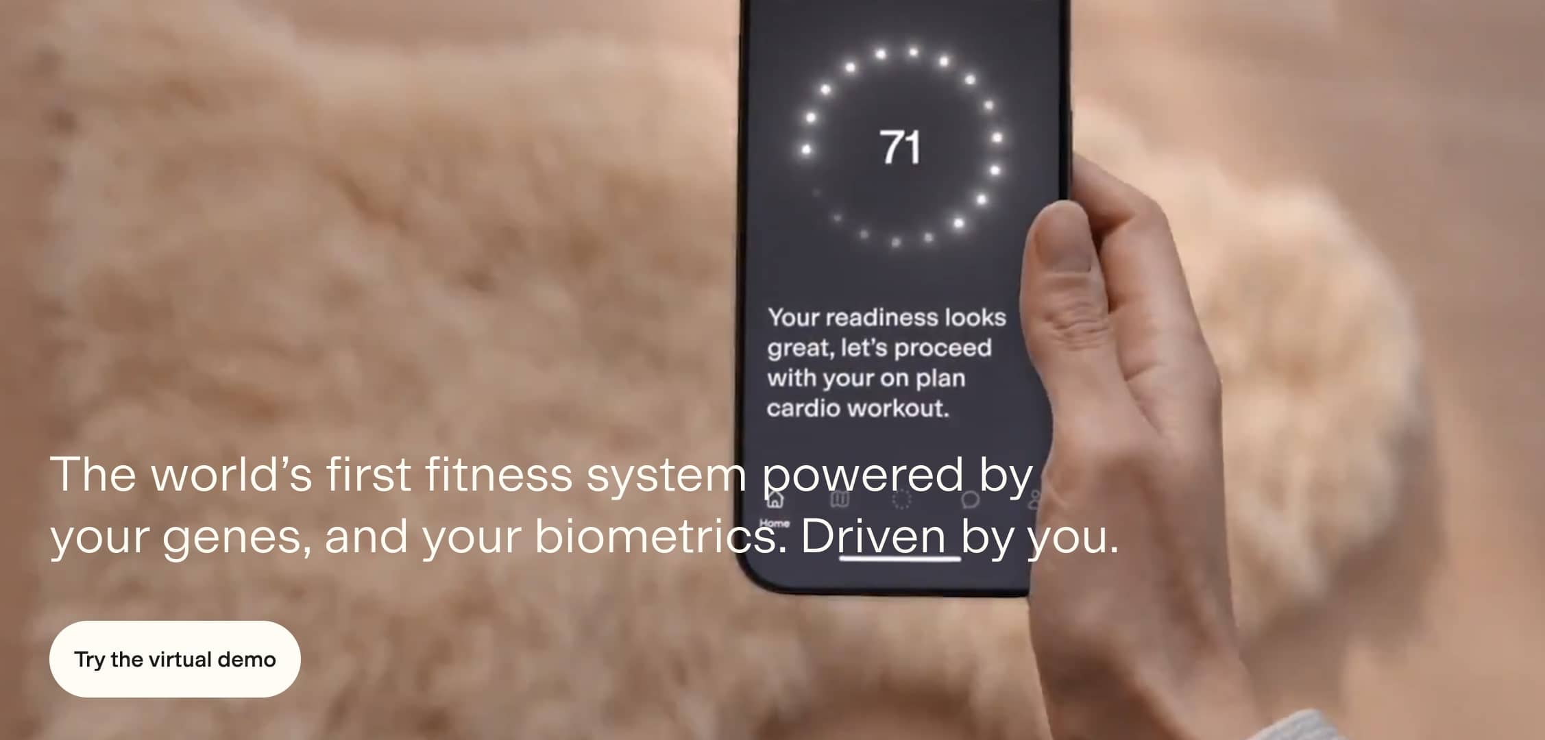 A person holds a smartphone displaying a fitness app with a readiness score of 71. Text on the image promotes a connected fitness system powered by genetics and biometrics. A "Try the virtual demo" button is visible. Discover the future of fitness in our 2024 Guide to staying ahead in the fitness industry.