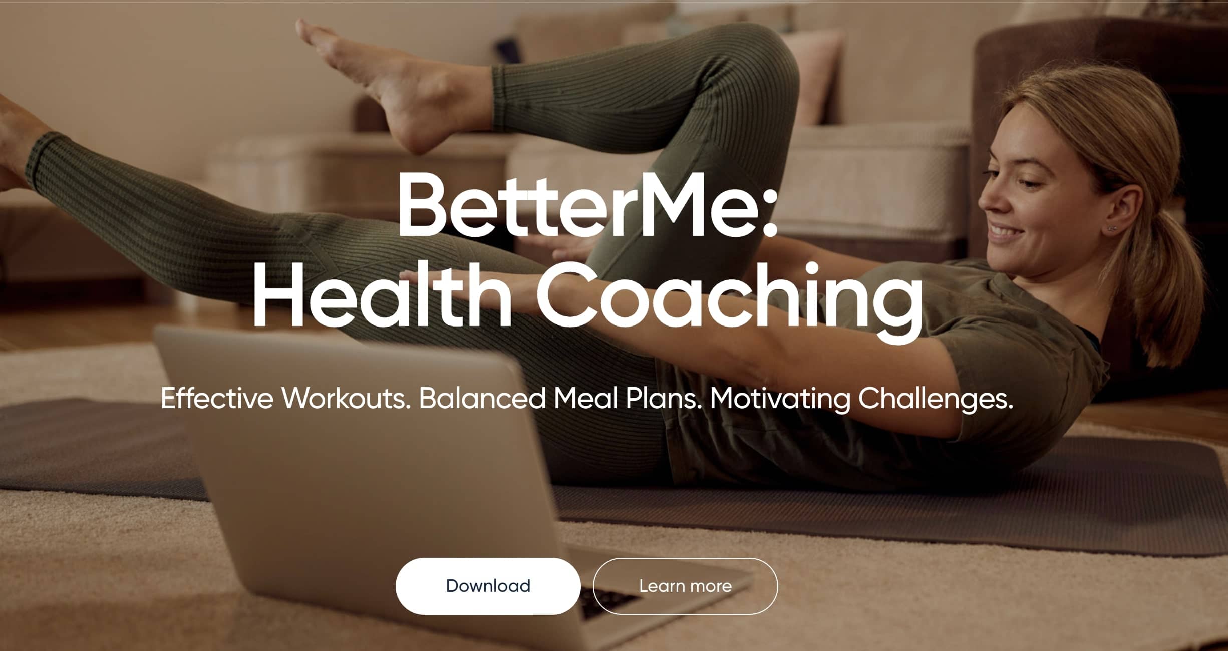 A woman exercises on a mat in front of a laptop, showcasing the latest from one of the top fitness tech companies. Text promotes BetterMe Health Coaching with options to download or learn more about effective 2024 workouts and balanced meal plans with cutting-edge fitness technology.