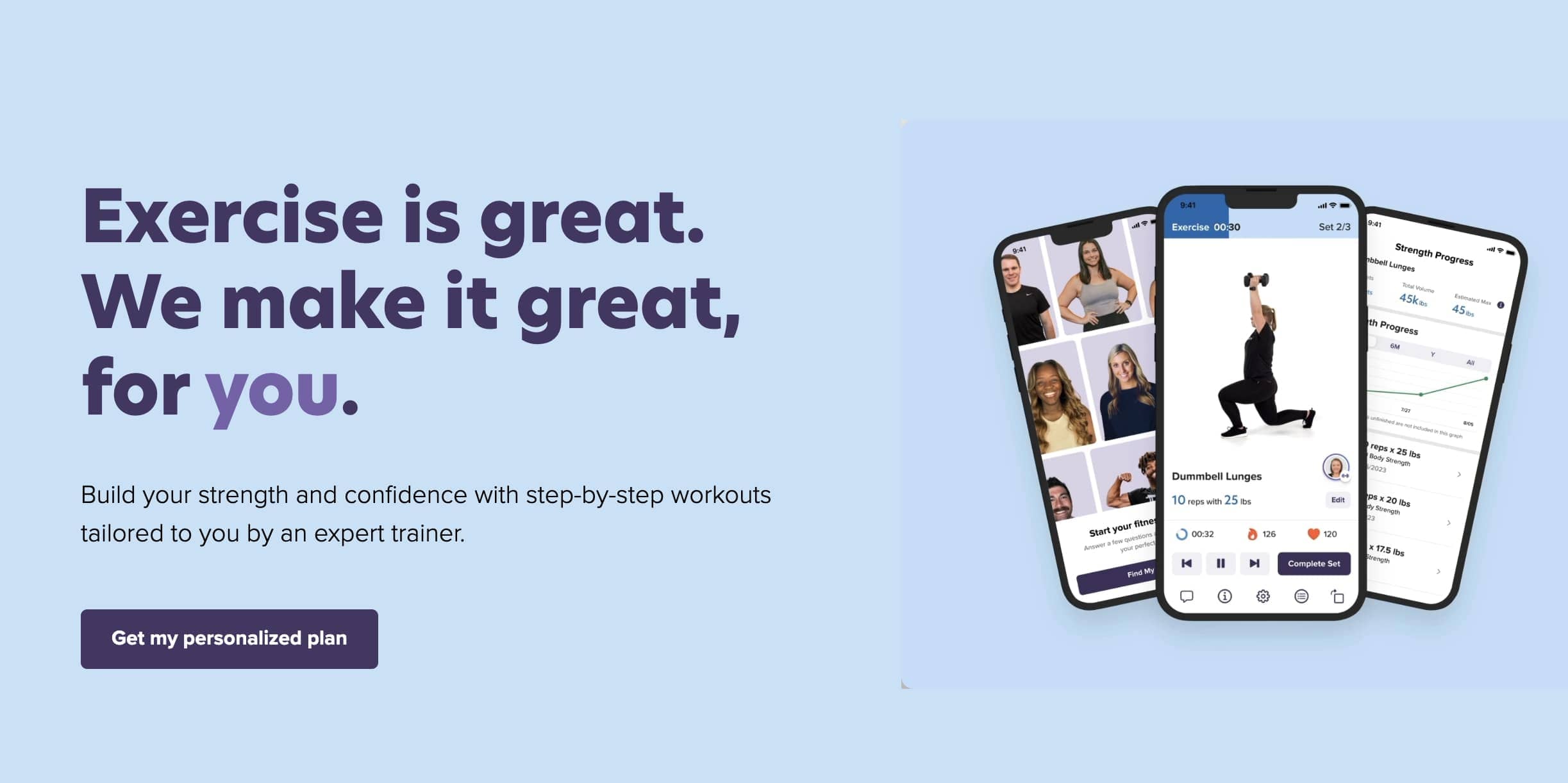 Promotional image for a fitness app in 2024 showing the slogan, "Exercise is great. We make it great, for you." beside three smartphones displaying innovative workout routines and fitness plans from leading Fitness Tech companies.