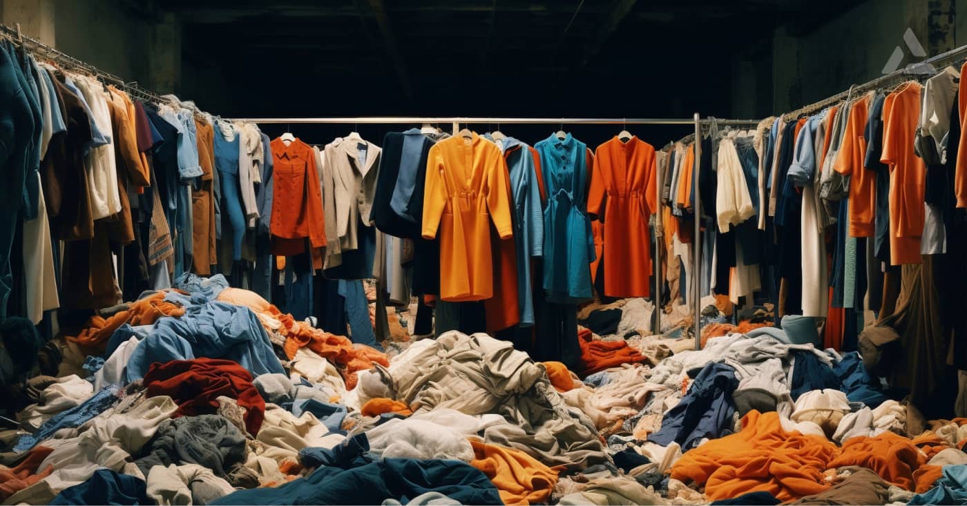 A cluttered clothing warehouse with many garments hanging on racks and a large pile of clothes scattered on the floor, used by fashion brands for on-demand clothing manufacturing.