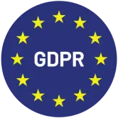 The image shows the GDPR logo, featuring twelve yellow stars forming a circle on a blue background with "GDPR" written in white in the center, symbolizing data protection regulations integral to FitXpress's commitment to user privacy.