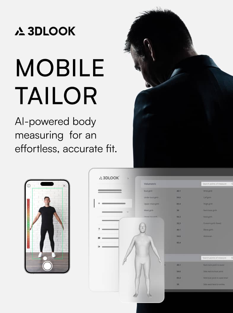 Promotional image for 3DLOOK's Mobile Tailor, featuring a silhouetted man, a smartphone showing body measurement, and a computer screen displaying measurement data. Text highlights AI-powered body measurement technology for fashion brands and on-demand clothing manufacturing.