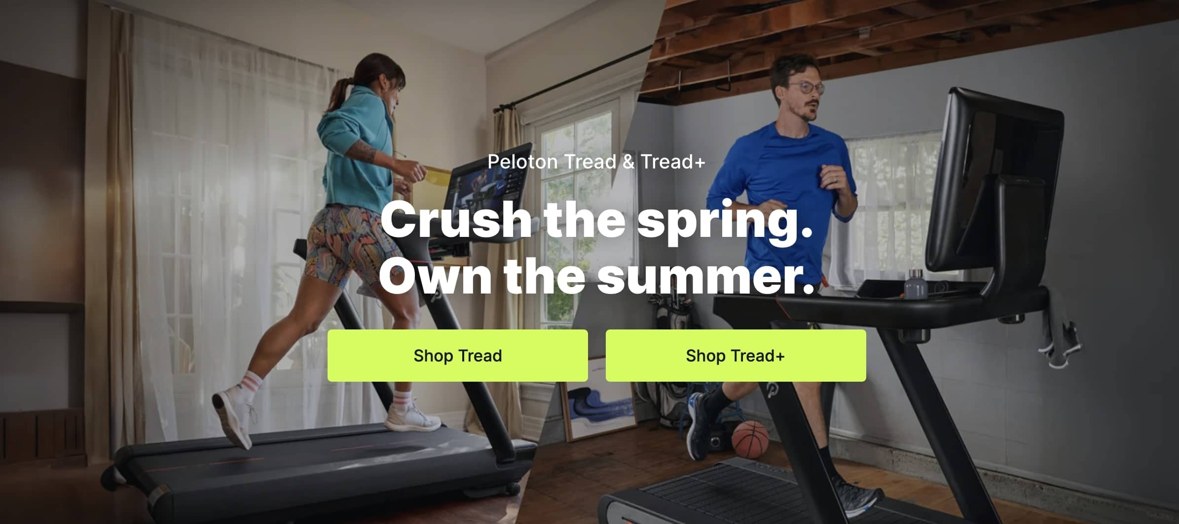 A woman and a man run on treadmills in separate rooms. Text overlay reads "Crush the spring. Own the summer with 2024's latest fitness technology." There are buttons for "Shop Tread" and "Shop Tread+" below the text.