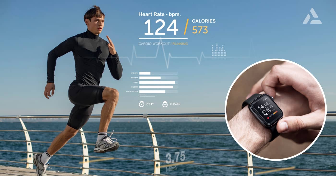 A man exercises at the seafront, monitored by a smartwatch displaying his heart rate (124 bpm), calories burned (573), and other fitness metrics. An inset shows a close-up view of the smartwatch screen, embodying the advancements in connected fitness as highlighted in the 2024 Guide.