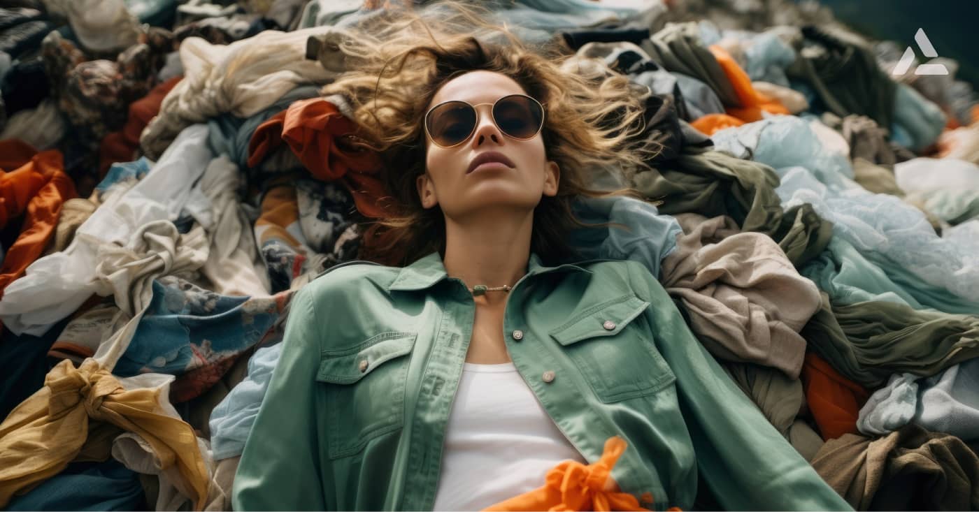 Woman in sunglasses and green jacket lying on a pile of assorted clothes from various fashion brands.