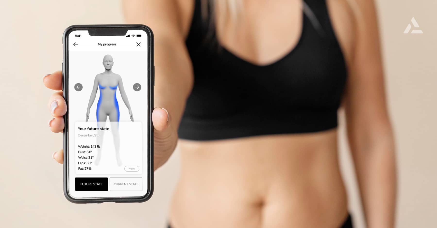 A person in a black sports bra holding a smartphone featuring a fitness progress app that uses body scanning technology for displaying body measurements and future weight loss estimations.