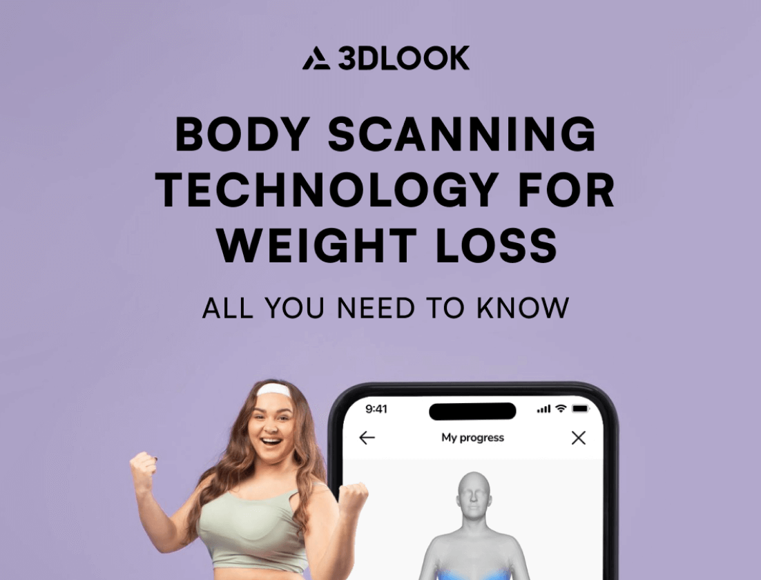 A woman in workout attire celebrates with fists raised next to a smartphone displaying a body scan. Text: "3DLOOK Body Scanning Technology for Weight Loss: All You Need to Know.