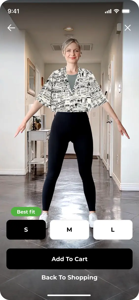 A woman is standing in a hallway wearing a patterned top and black leggings. The redesigned interface by YourFit 2024 shows clothing size options and buttons labeled "Best fit," "Add to Cart," and "Back to Shopping.