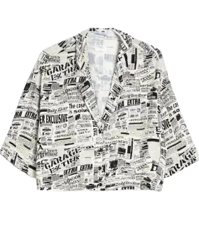A short-sleeve button-up shirt featuring an all-over print of various newspaper headlines and articles in black and white, redesigned for 2024 to fit YourFit preferences perfectly.