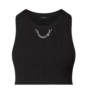 Experience the 2024 redesign of our black, sleeveless ribbed knit crop top with a round neckline and silver chain detail. With YourFit, this timeless piece offers an enhanced fit tailored just for you.