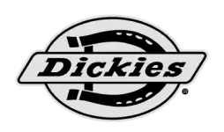 Black and white Dickies logo featuring the brand name "Dickies" within a stylized horseshoe shape, now refreshed for 2024 as part of the Redesign YourFit initiative.