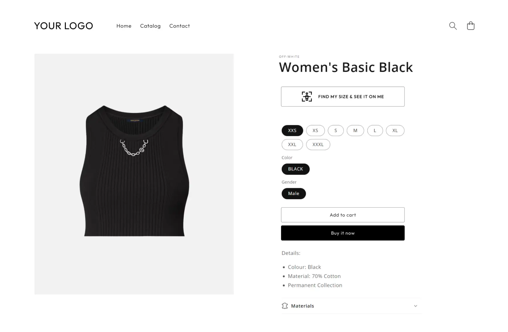A sleeveless black top is displayed on an online store page. Thanks to the 2024 redesign, options for size selection, color, and material details are now shown on the right. Upgrade your wardrobe with YourFit’s latest innovation!