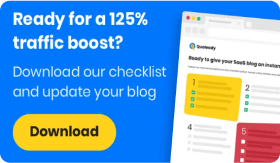 A digital advertisement banner offers a checklist for blog updates to boost traffic by 125%. It includes a download button and an image of a webpage with lists, colored sections, and tips on optimizing SEO keywords.