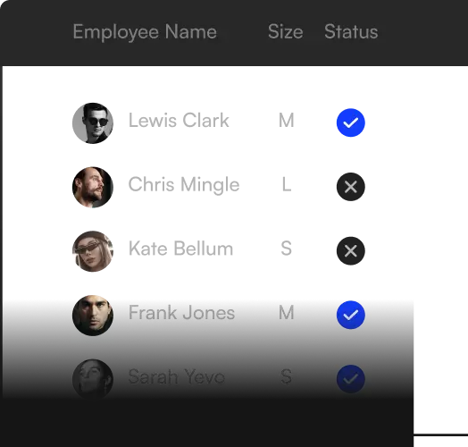 A list showing employee names, sizes, and status, with checkmarks for selected employees. Four names are visible, with three profiles having images. Names "Frank Jones" and "Sarah Yevo" are at the bottom. This interface integrates Mobile Tailor for seamless management of employee uniforms.