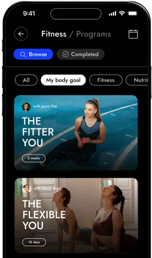 A mobile app screen showcasing digital fitness programs. The "My body goal" tab is selected, revealing two programs: "The Fitter You" and "The Flexible You," each with duration and instructor's name.