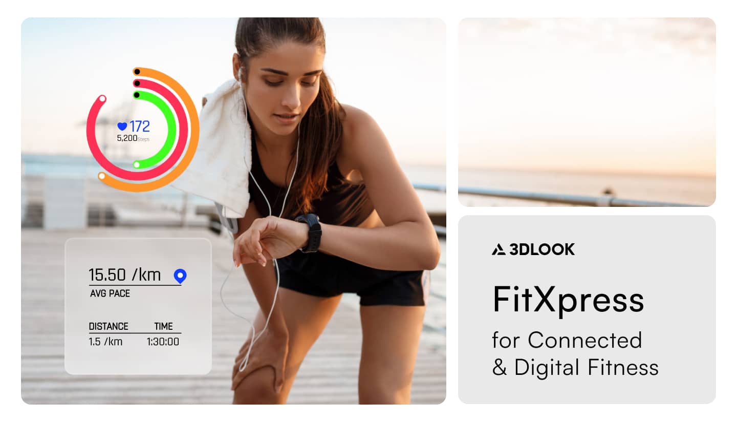 A woman checking her smartwatch after a run, with fitness stats on screen. Text reads: 