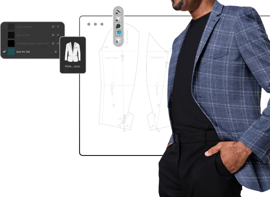 A person in a checkered blazer and black shirt stands with hands in pockets. Behind them are technical design illustrations of a suit, alongside various digital design tools on a screen, highlighting the possibilities of on-demand manufacturing.