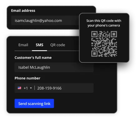 The login interface offers a made-to-measure experience with options to enter an email address, scan a QR code, or receive an SMS link. Example fields are pre-filled with user details, and a QR code is displayed for scanning.