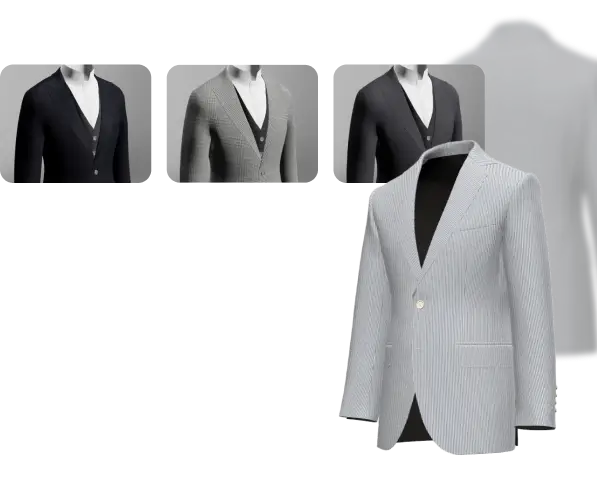 Four mannequins display tailored suits in various shades and patterns, with the main focus on a light grey pinstripe suit, expertly crafted as a Made-to-Measure masterpiece.