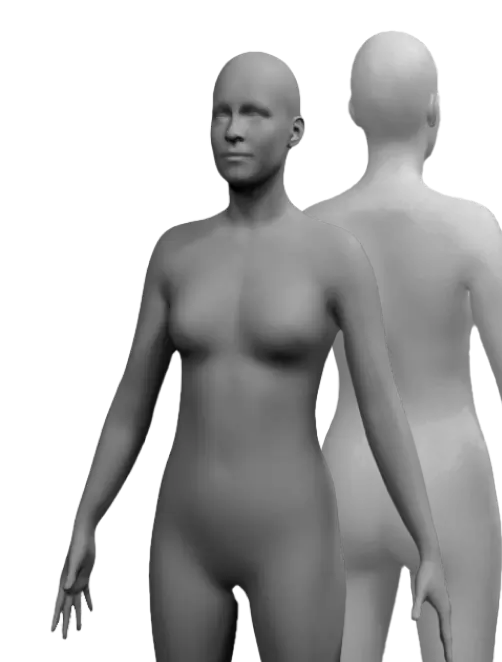 Front and back view of a 3DLOOK rendered nude human model standing upright. The model, perfect for Mobile Tailor applications or creating uniforms, has a smooth, featureless face and body.