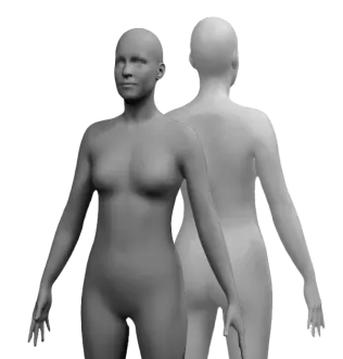 A grayscale 3D model of a human female figure, designed for connected fitness programs, is shown from the front and back views, standing upright with arms slightly away from the body.