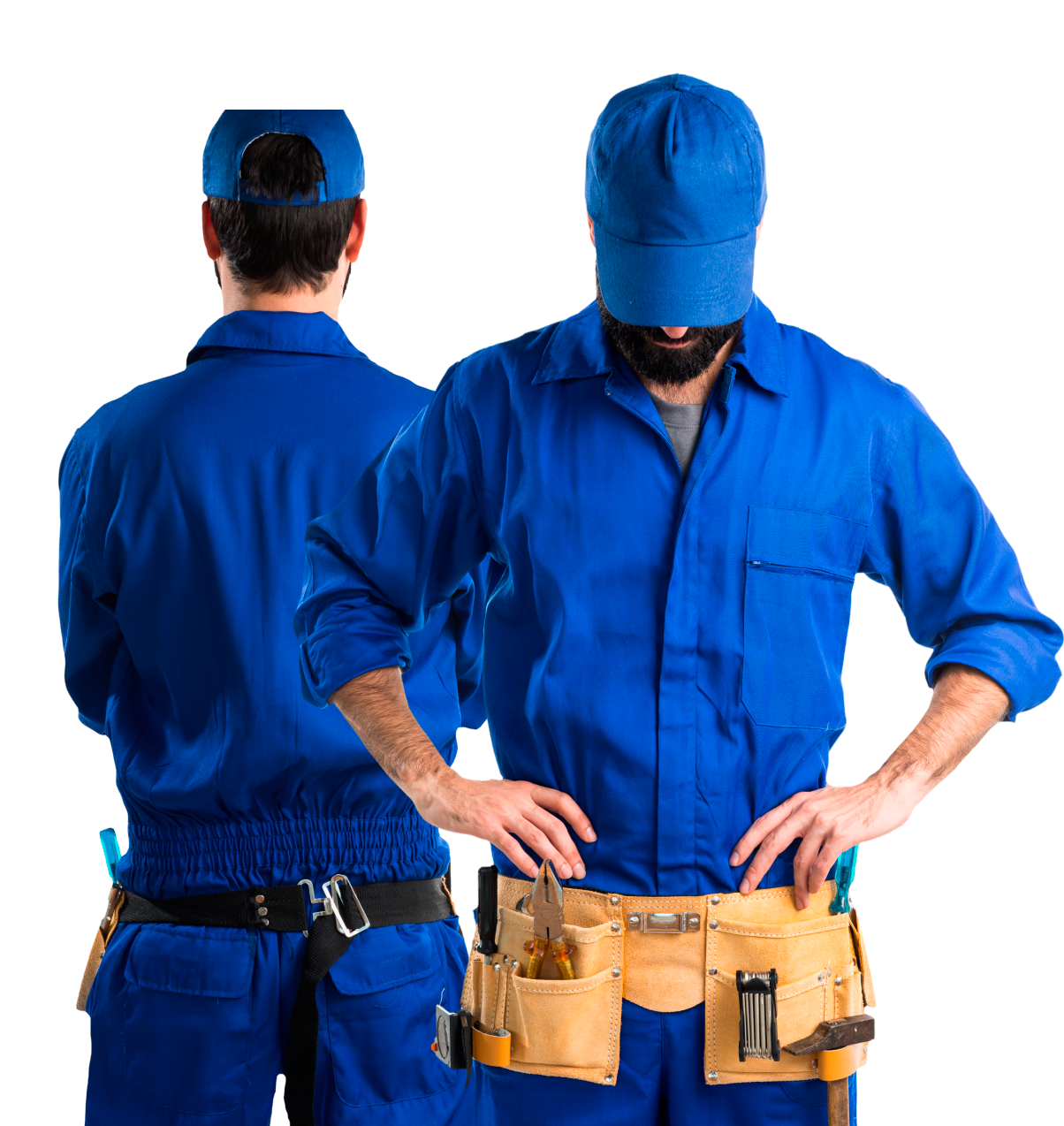 Two workers in uniform blue caps stand poised. One, equipped with a tool belt brimming with various tools, faces forward. The other has their back turned, exemplifying the essence of a mobile tailor ready for action.