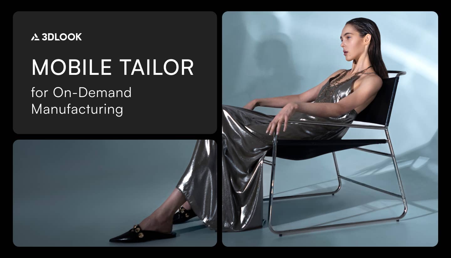 An advertisement for 3DLOOK's Mobile Tailor, showcasing on-demand manufacturing, features a person in a metallic dress sitting in a modern chair.