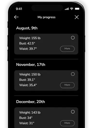 A smartphone screen displaying weight, bust, and waist measurements on August 9th, November 17th, and December 20th under a connected digital fitness progress tracking section.