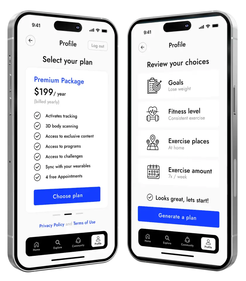 Two smartphone screens display a fitness app. The left screen shows a Premium Package subscription option at $199/year. The right screen reviews user choices and use cases for fitness goals, level, places, and exercise amount.