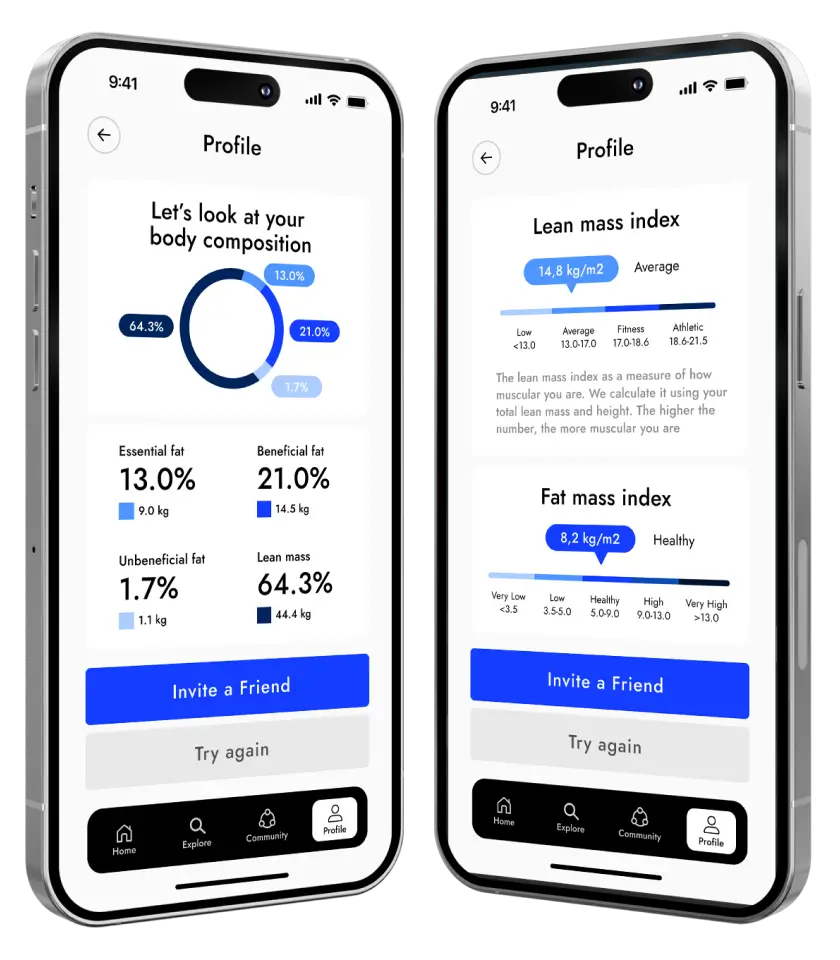 Two smartphone screens display a fitness app's body composition and mass index information, including percentages for essential, beneficial, and lean mass. Use cases like inviting friends or trying again are easily accessible through the displayed buttons.