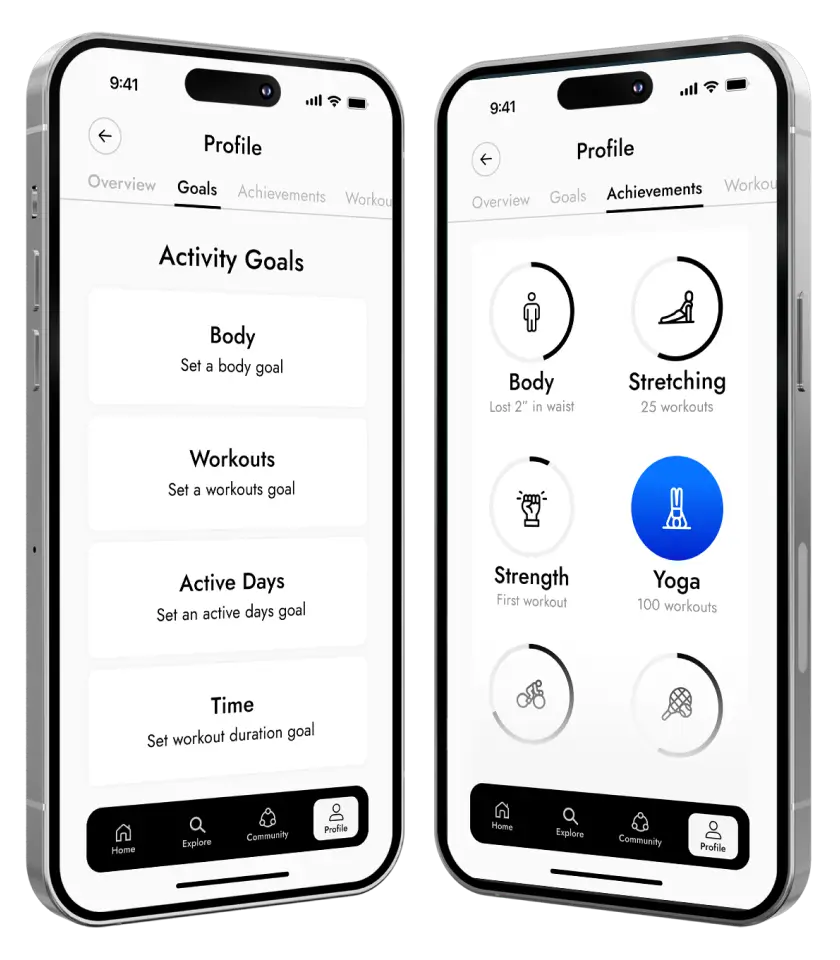 Two smartphones display a fitness app's activity goals and achievements sections. The use cases include body, workouts, active days, and time goals. Achievements highlight body, stretching, strength, and yoga.