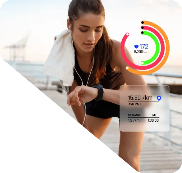 Woman in athletic wear checking her smartwatch by the waterfront. Fitness statistics on the overlay show a heart rate of 172 bpm, a pace of 15.50 minutes per km, and a distance of 1.5 km in 1:30:00—perfect for showcasing your fitness achievements on your homepage.