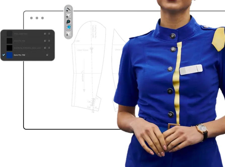 A person wearing a blue uniform with yellow accents stands in front of a schematic diagram displayed on a screen. On the left, the Mobile Tailor software interface, with tools and options tailored for 3DLOOK, is partly visible.