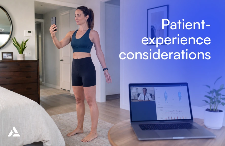 Woman in workout attire uses smartphone for a telehealth appointment, while a laptop displays a virtual consultation in a bedroom—showcasing the evolving landscape of AI healthcare. Text reads “Patient-experience considerations.”.