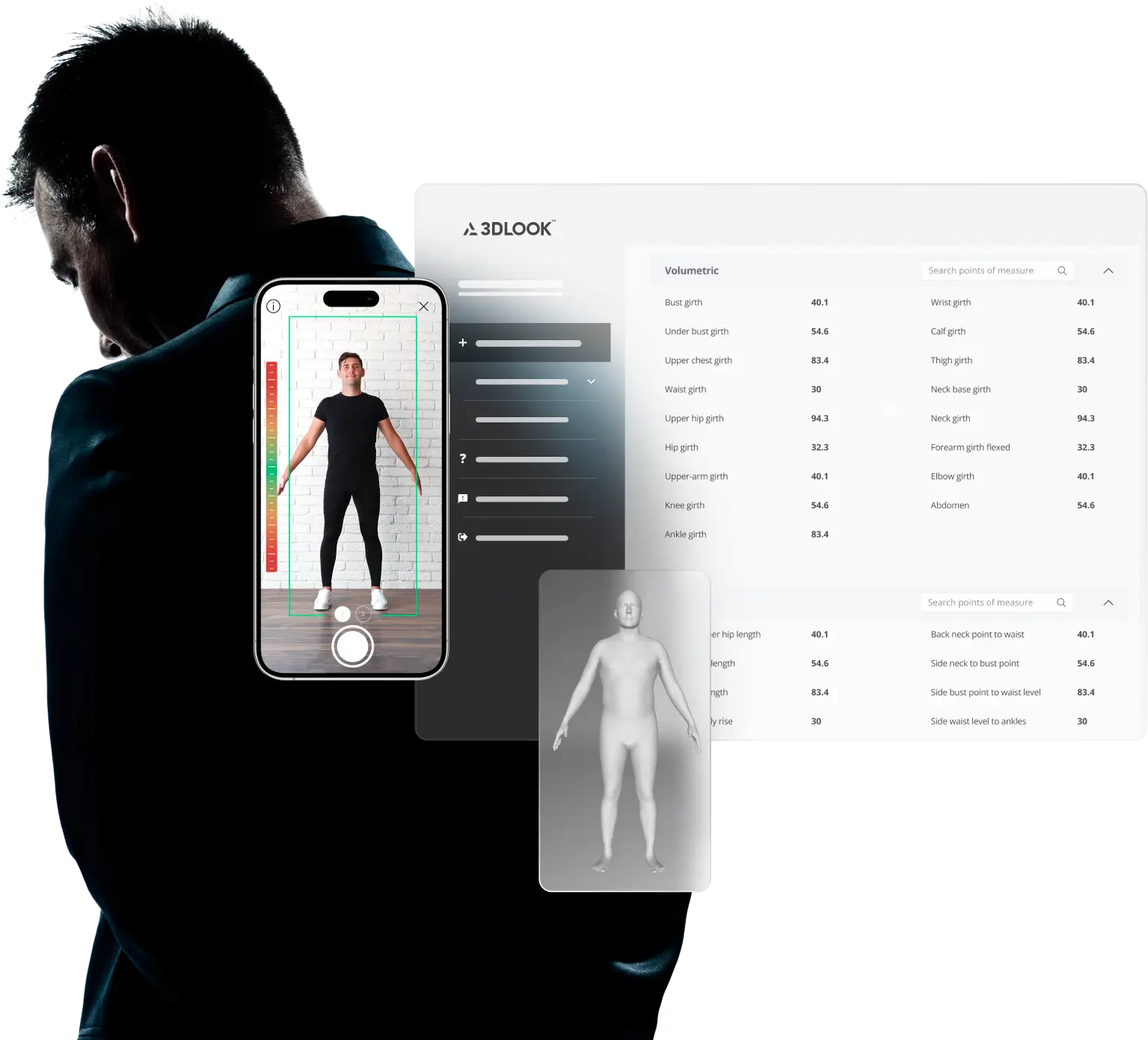 A person stands while a smartphone captures body measurements using an AI-powered mobile tailor, displayed alongside a digital avatar and measurement data on a screen.