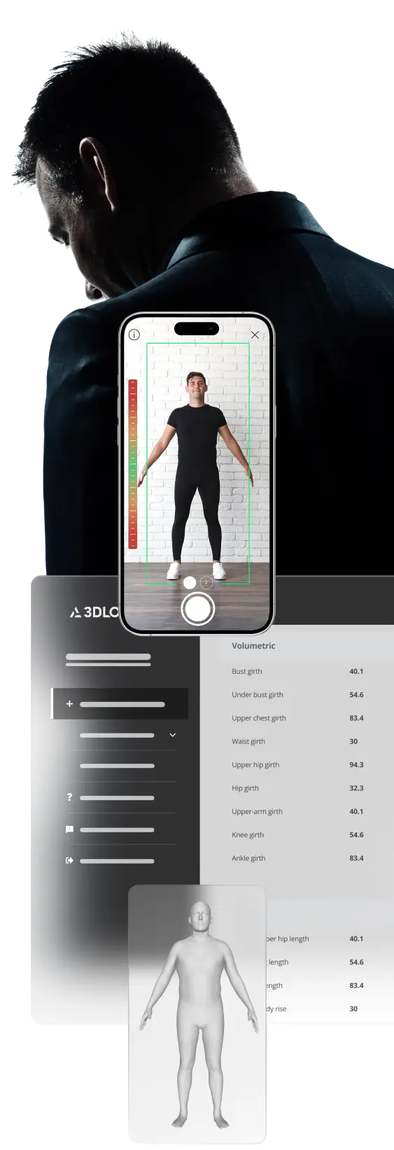 A man in a suit stands facing away, while an AI-powered body measuring solution overlays a digital full-body scan and measurement details, showcasing the precision of a mobile tailor for those in sleek black attire.