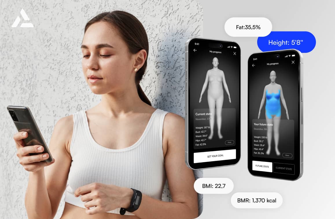 A woman glances at her phone, which displays fitness app screens with her body metrics: BMI 22.7, BMR 1,370 kcal, height 5'8