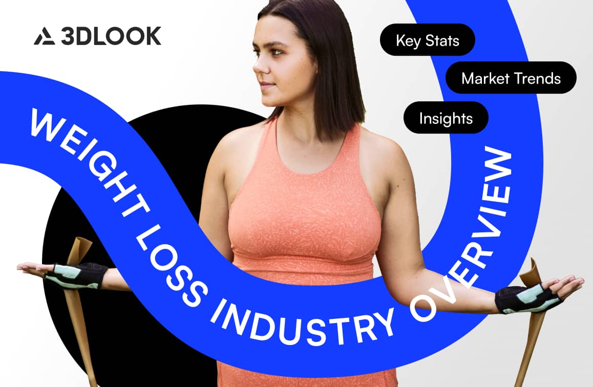 Person in workout gear stands confidently with crutches. Text reads "Weight Loss Industry Overview," highlighting market trends and industry insights through key stats.