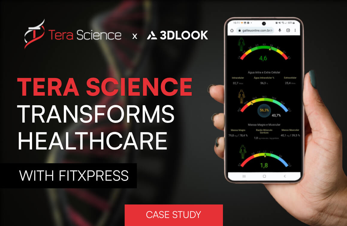 In hand, a phone showcases a health app, highlighting Tera Science's innovative collaboration with 3DLOOK. Text: "Tera Science Transforms Healthcare with FITXPRESS." Red "Case Study" button below.