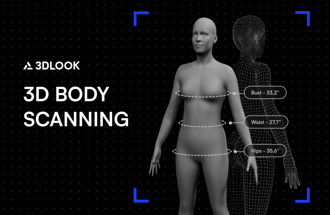 A digital graphic features a 3D body scanning interface with outlined measurements for bust, waist, and hips next to a mannequin model, serving as an intuitive body scanning guide.