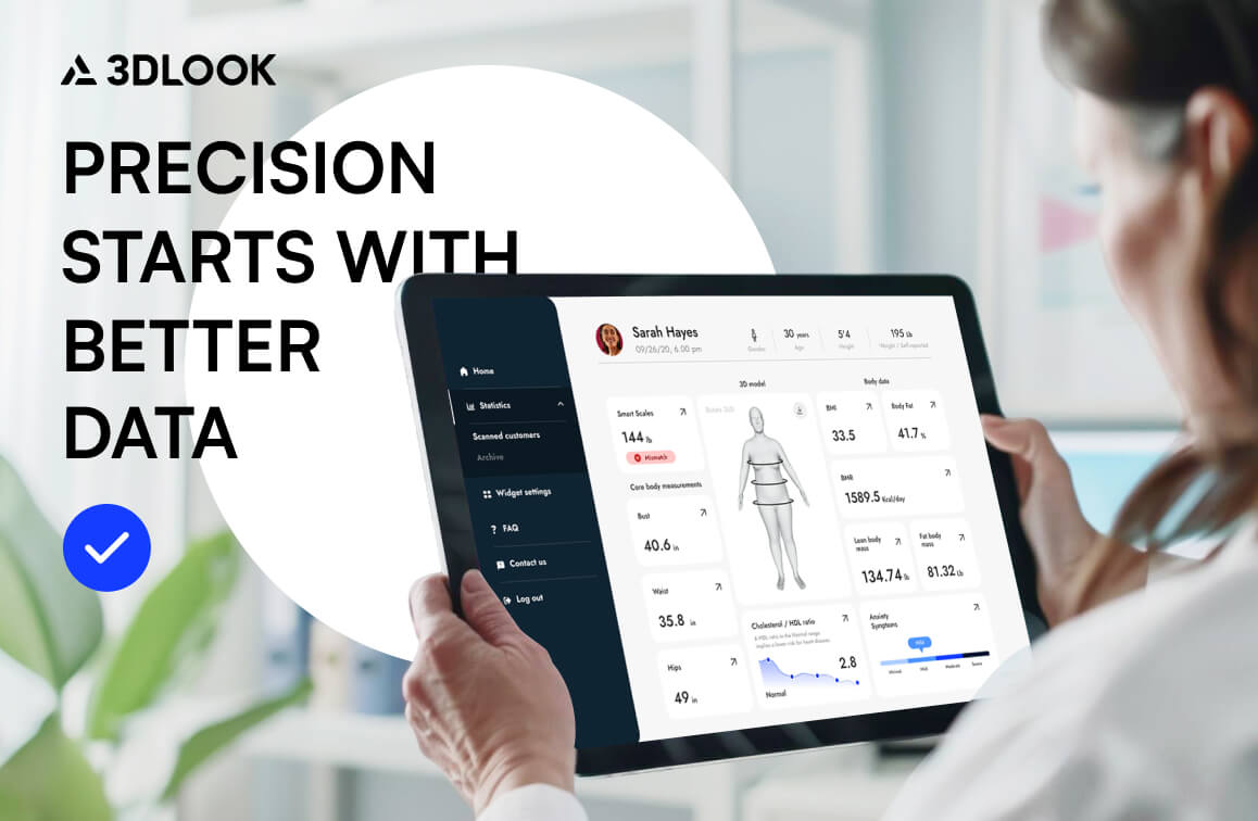 A person holds a tablet displaying a detailed body measurement and health data interface beside the text "Precision starts with better data," highlighting the revolution in compliance and wellness, along with the 3DLOOK logo.