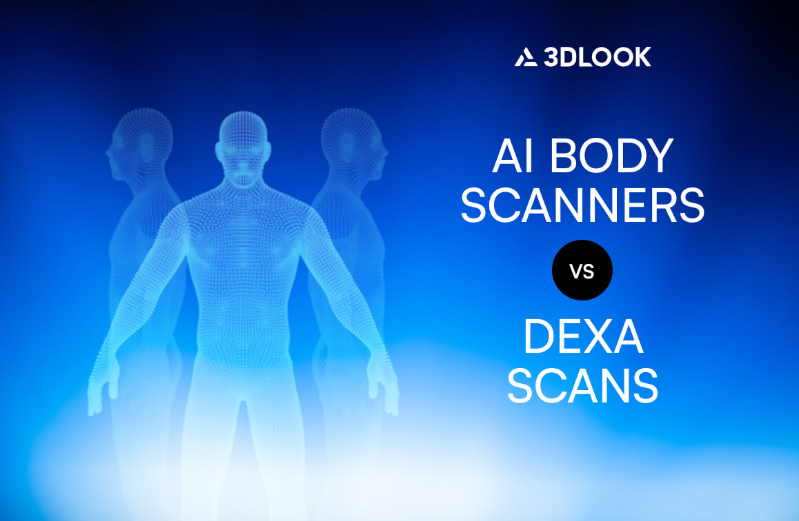 A digital illustration of a human figure highlights the comparison between AI Body Scanners and DEXA Scans, featuring the "AI Body Scanners vs Dexa Scans" text and a 3DLOOK logo on a blue background.